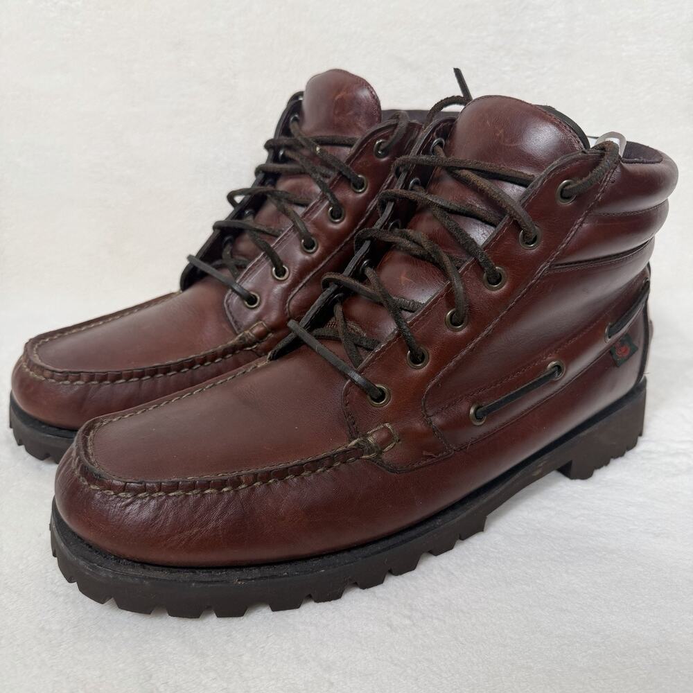 G.H. Bass Caratunk Leather Boat Boots Vibram Lug Sole Moc Toe Brown Size 13M